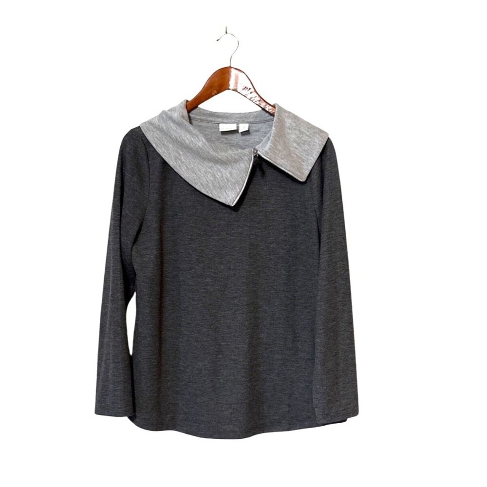 Weekends‎ By Chicos Gray Long Sleeve Top Light Gray Collar Womens Size M